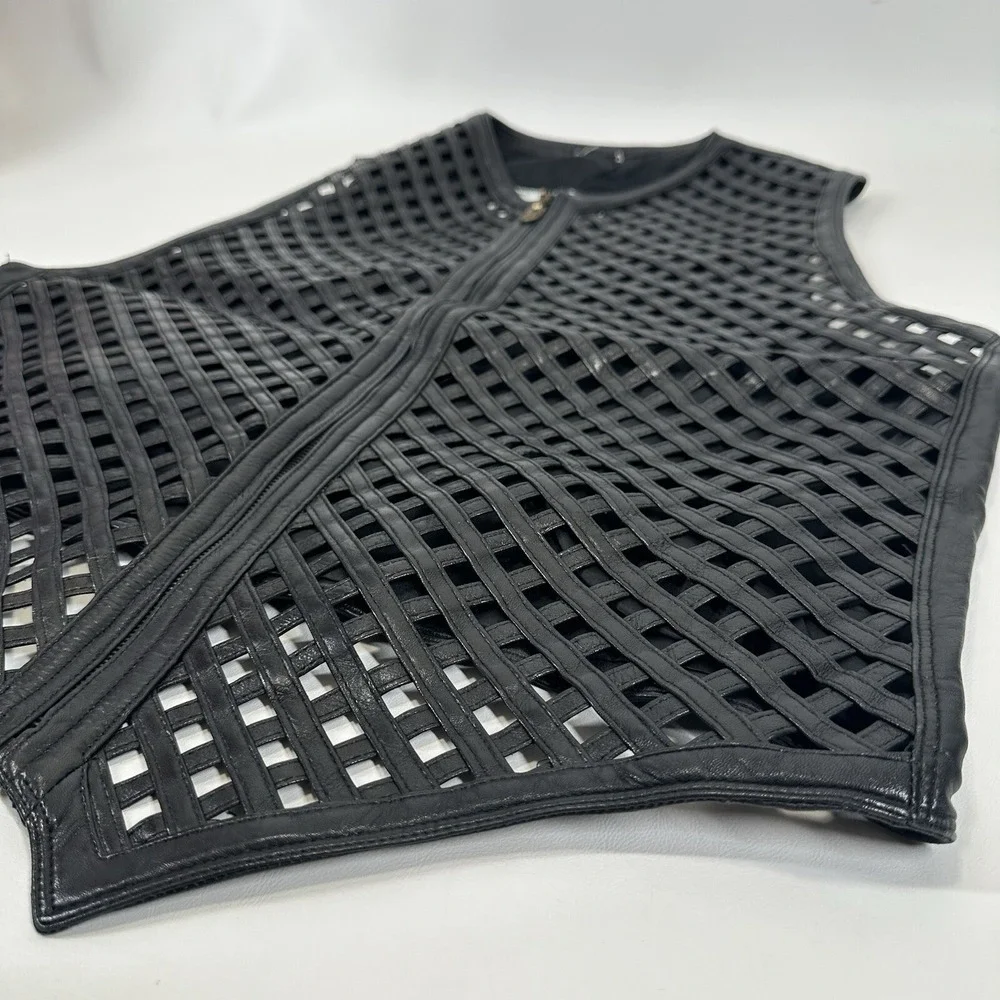 GIANNI VERSACE black leather vest w/ an open lattice feature in front 46